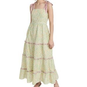 NWOT LOST + WANDER Cecilia Tiered Maxi Dress In White Green Floral Sz Small